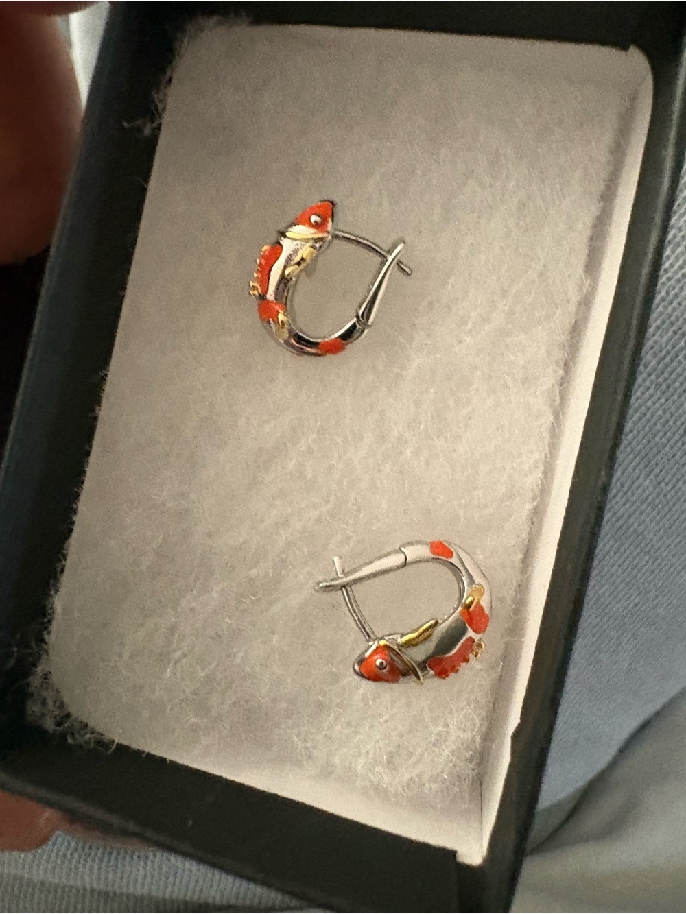 Silver Koi Fish Hoop Earrings with Orange Enamel